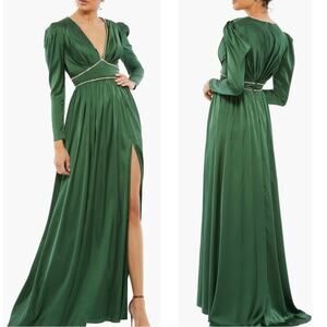 Mac Duggal Crystal Embellished Empire Waist Long Sleeve Green Maxi Dress Sz 20